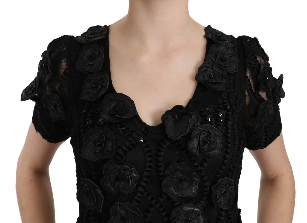 John Richmond Vestido Entallado de Seda y Cuero con Flores Negro - IT42|M