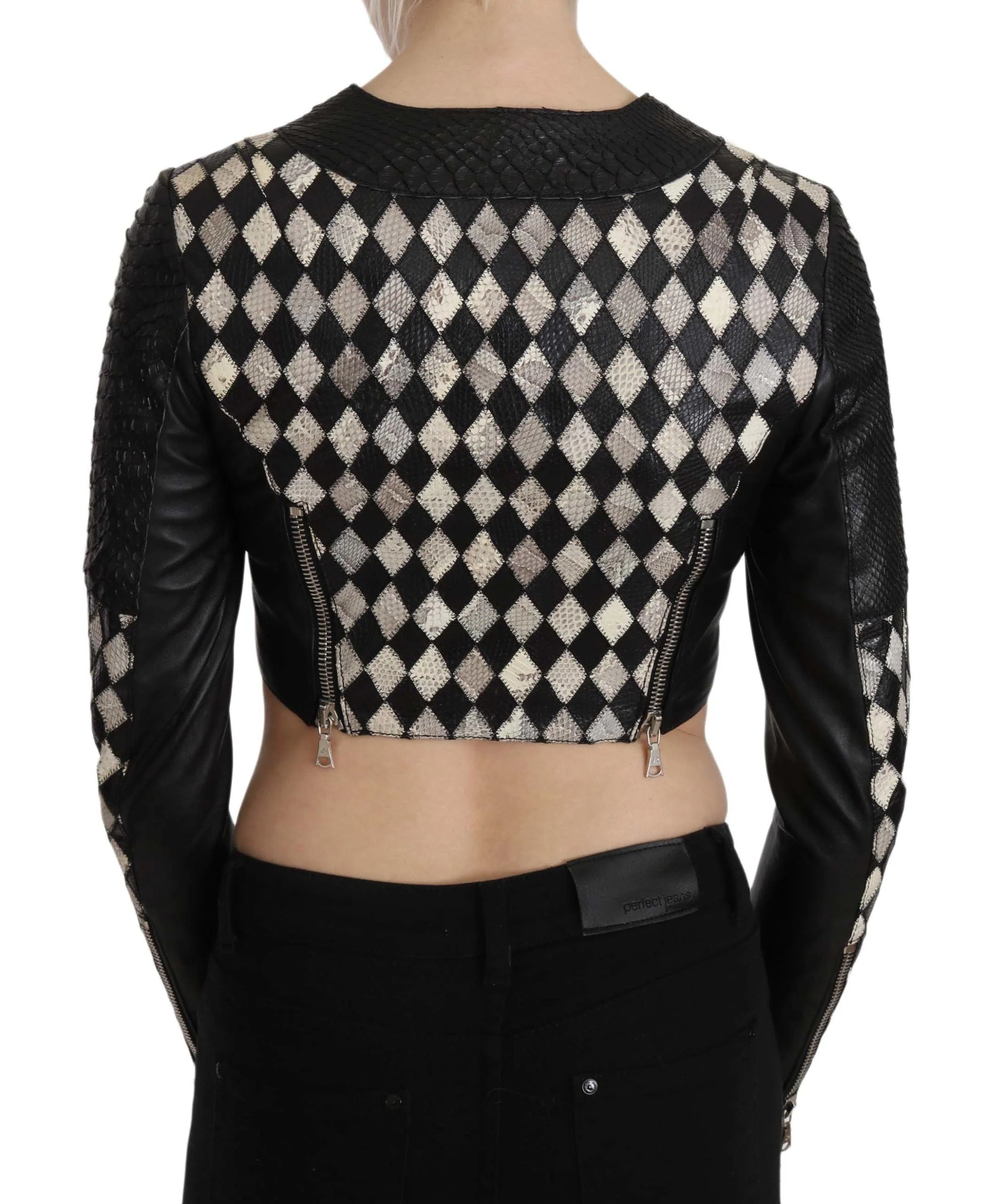 John Richmond Black White Leather Short Cropped Biker Jacket Coat - IT38|XS - Coats & Jackets