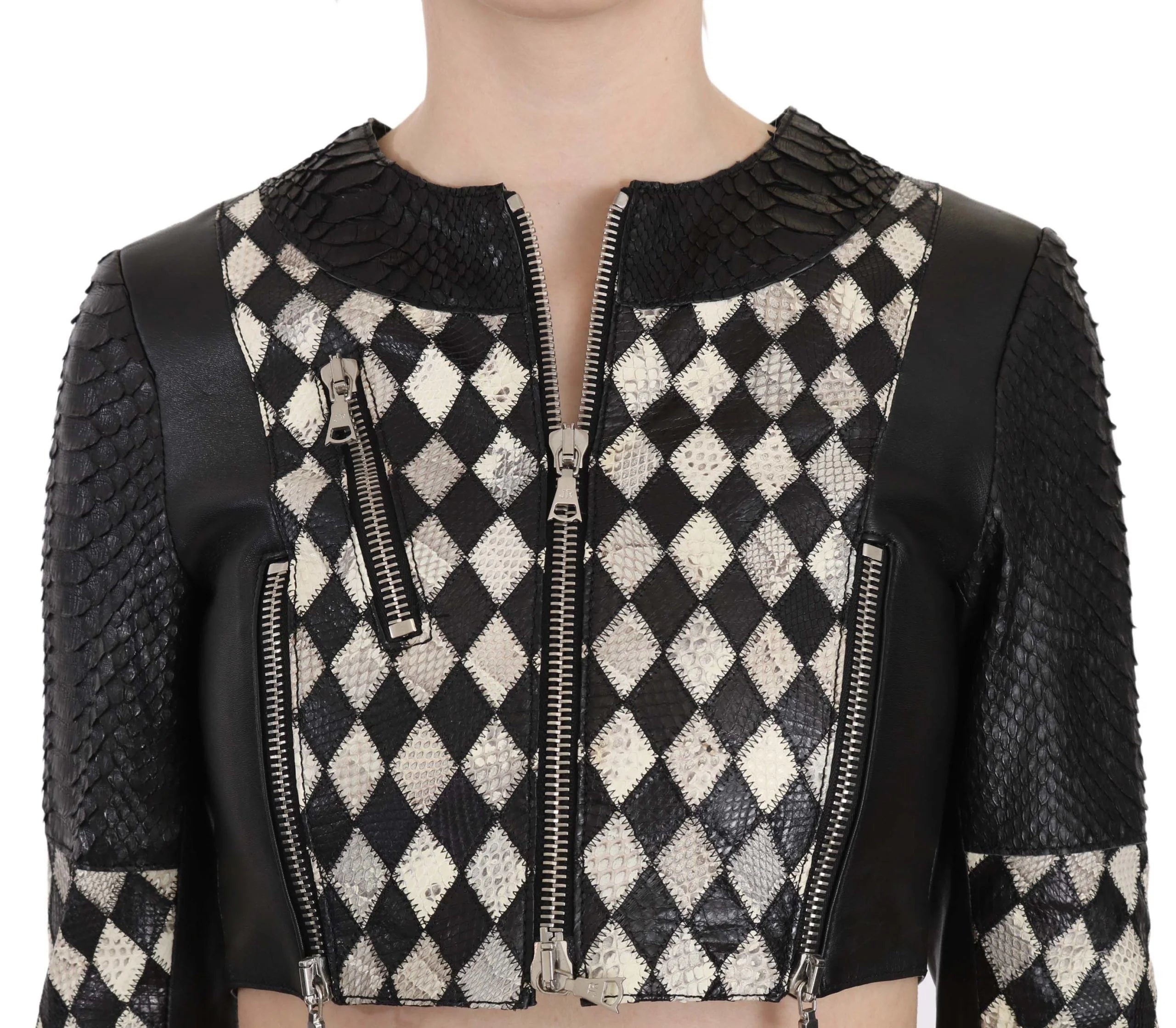 John Richmond Black White Leather Short Cropped Biker Jacket Coat - IT38|XS - Coats & Jackets
