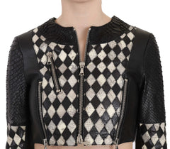 John Richmond Black White Leather Short Cropped Biker Jacket Coat - IT38|XS - Coats & Jackets