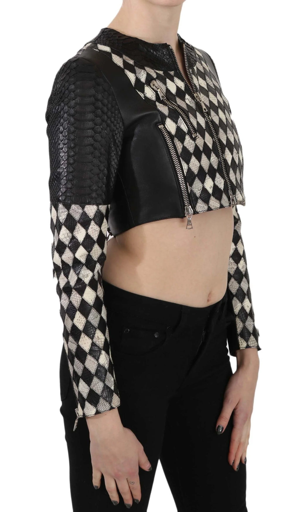 John Richmond Black White Leather Short Cropped Biker Jacket Coat - IT38|XS - Coats & Jackets
