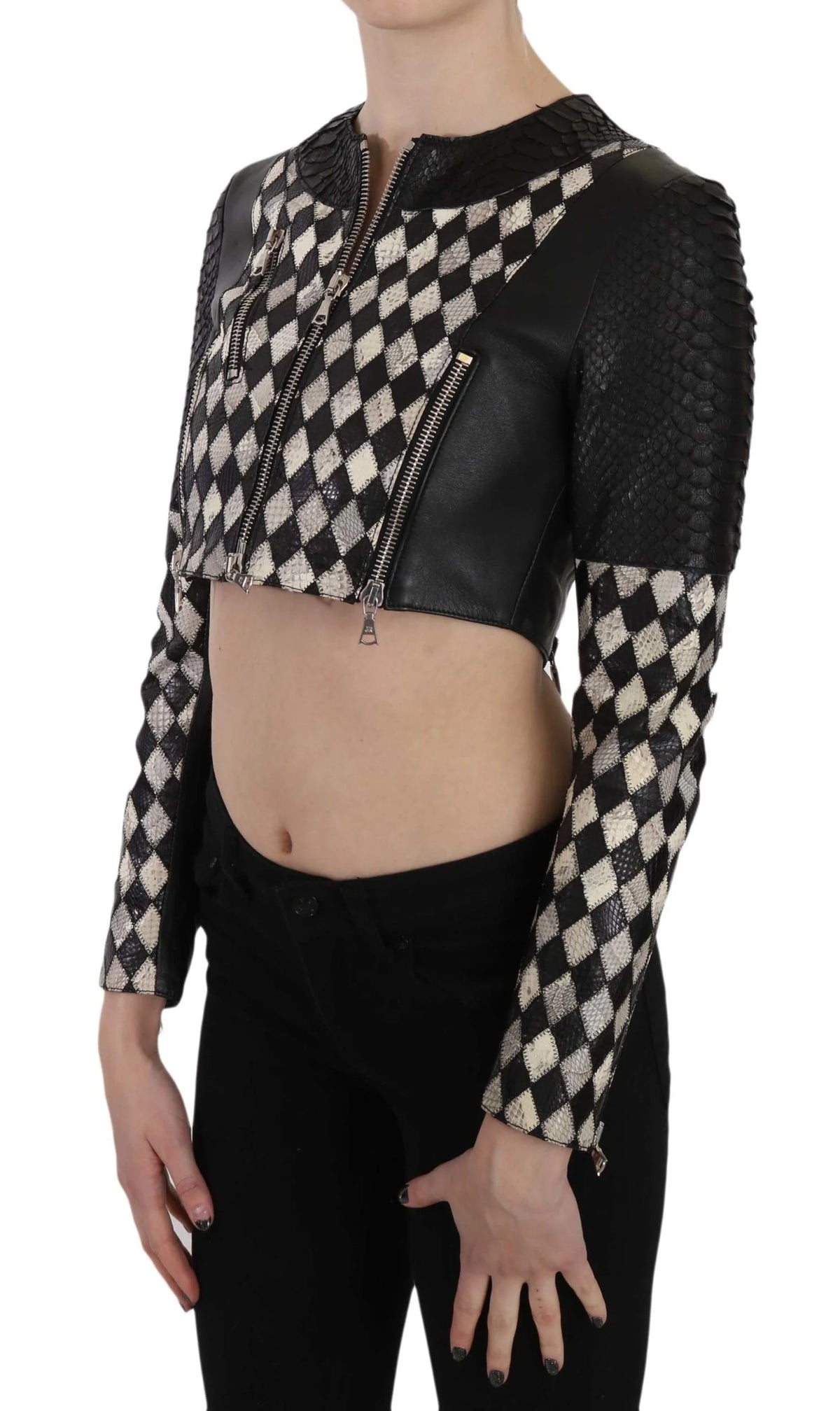Kurtka John Richmond Czarno-Biala Skórzana Krótka Kurtka Biker - IT38|XS