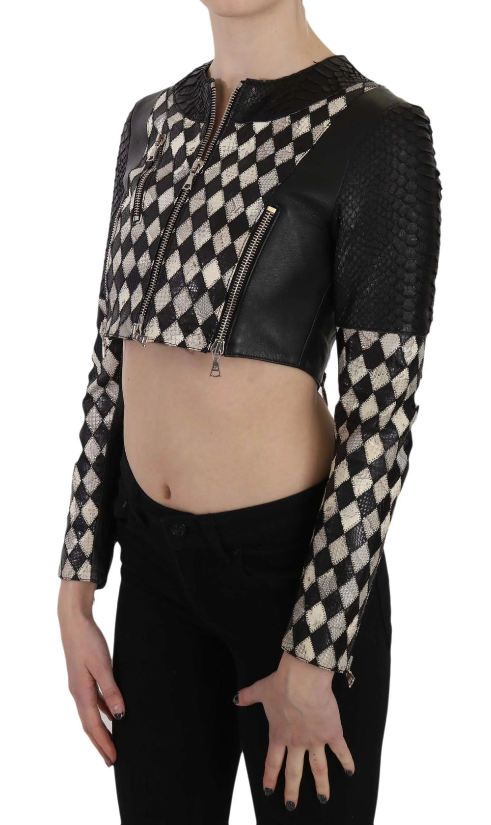 John Richmond Black White Leather Short Cropped Biker Jacket Coat - IT38|XS - Coats & Jackets