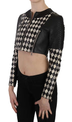John Richmond Black White Leather Short Cropped Biker Jacket Coat - IT38|XS - Coats & Jackets