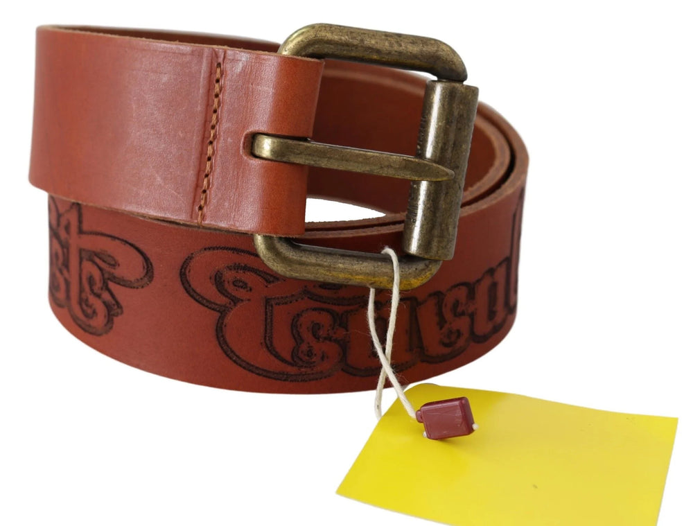 Just Cavalli Brown Leather Logo Bronze Rustic Metal Buckle Belt - 85 cm / 34 Inches - Belts