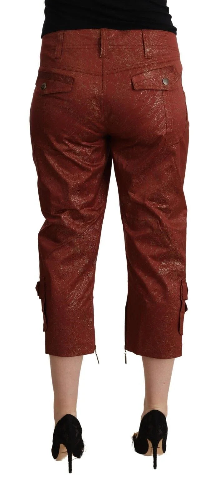 Just Cavalli Brown Lurex Mid Waist Cotton Cropped Capri Pants - Trousers