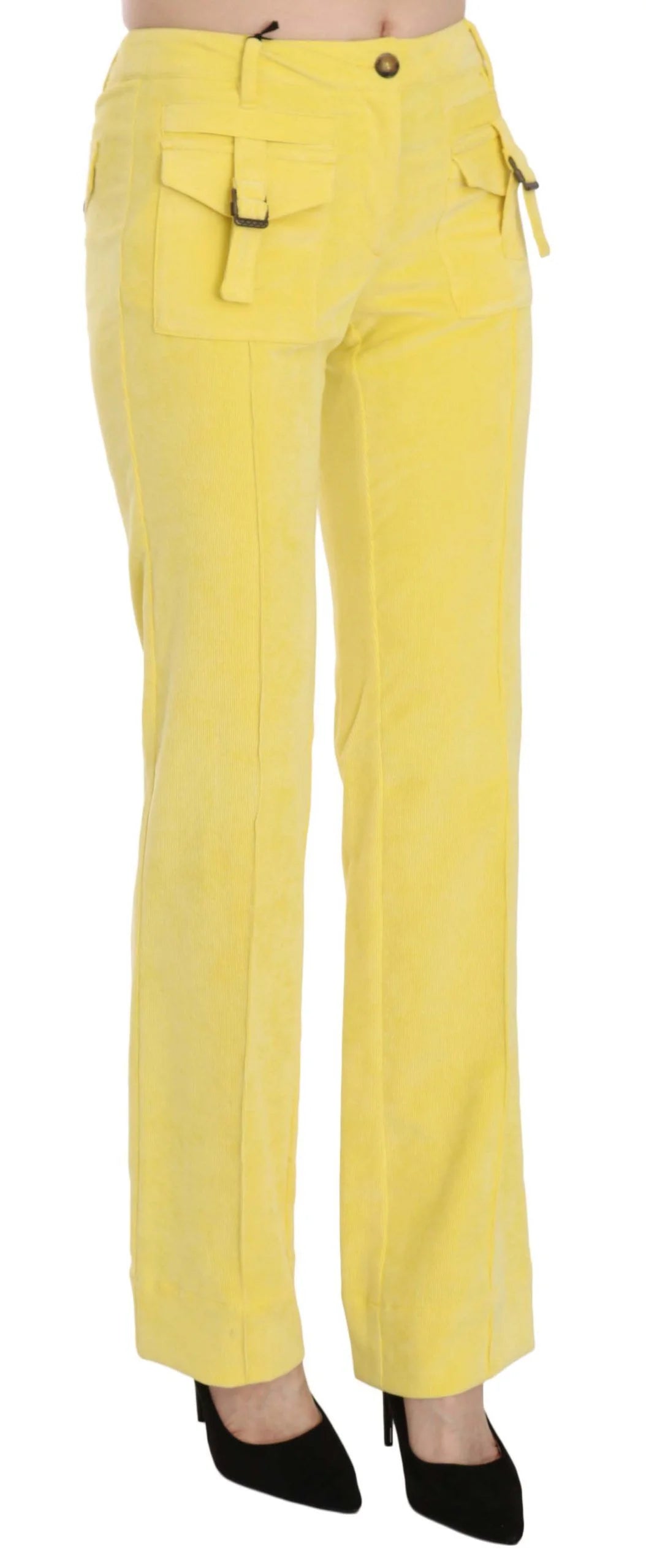 Just Cavalli Yellow Corduroy Mid Waist Straight Trousers Pants - IT46|XL - Trousers