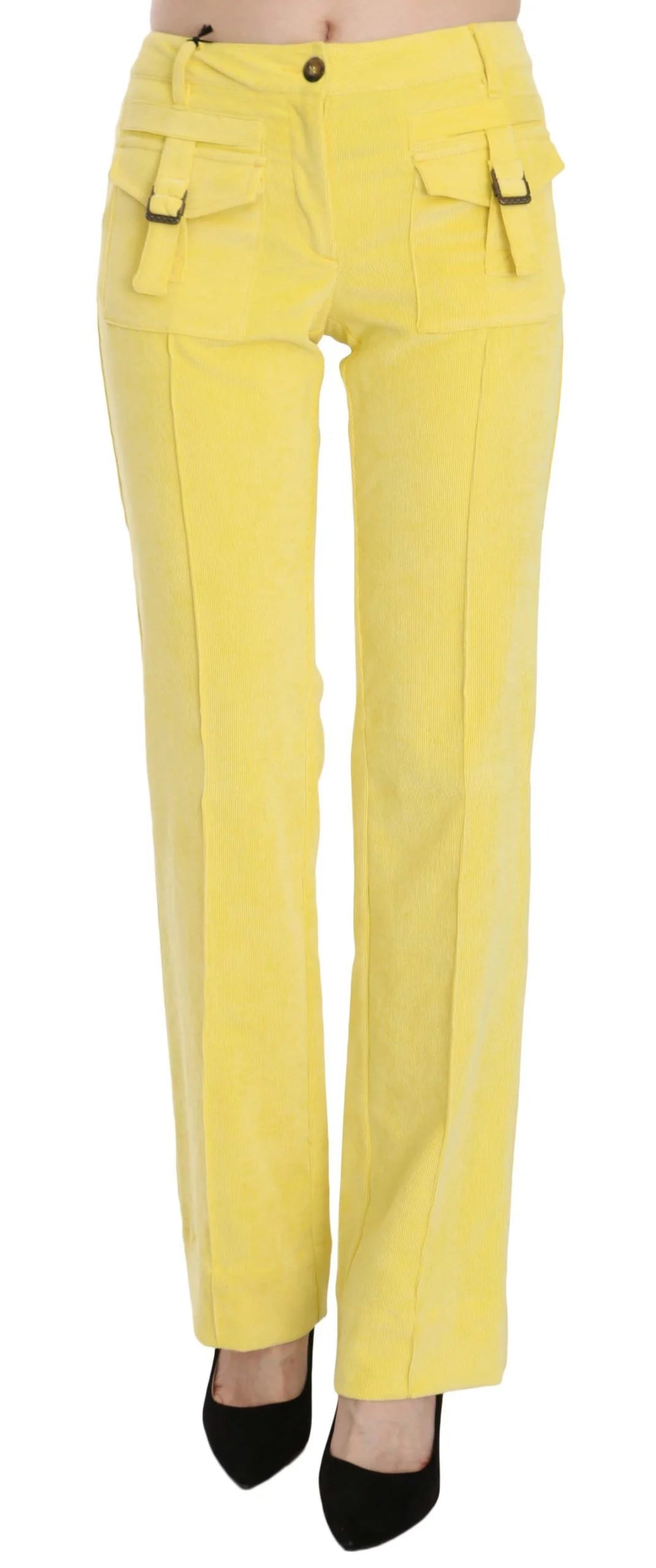 Just Cavalli Yellow Corduroy Mid Waist Straight Trousers Pants - IT46|XL - Trousers