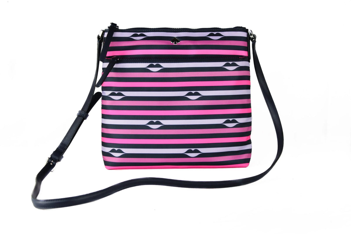 Kate Spade Jae Nylon Leather Flat Pink Striped Multi Crossbody HandBag Purse - Cross Body Bags