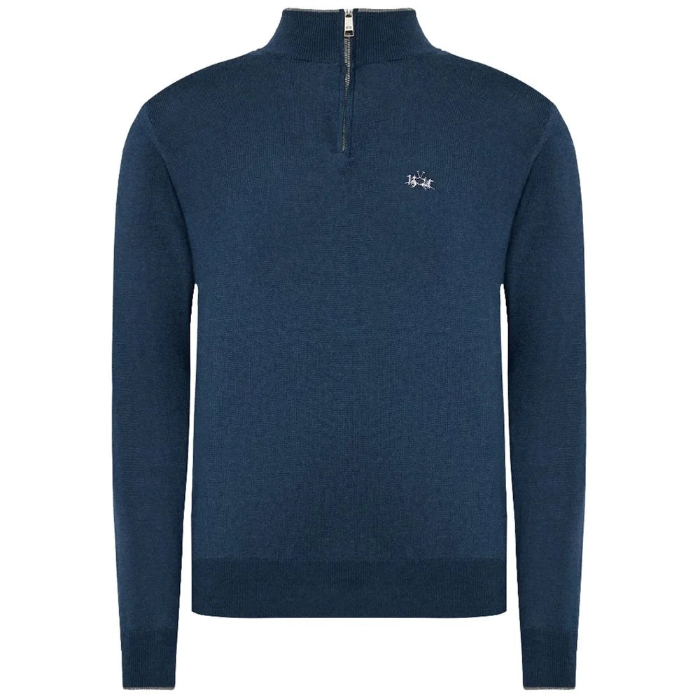 La Martina Blue Wool Men Sweater with Half Zip Closure - Sweaters