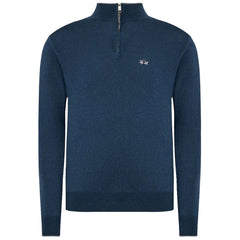 La Martina Blue Wool Men Sweater with Half Zip Closure - Sweaters