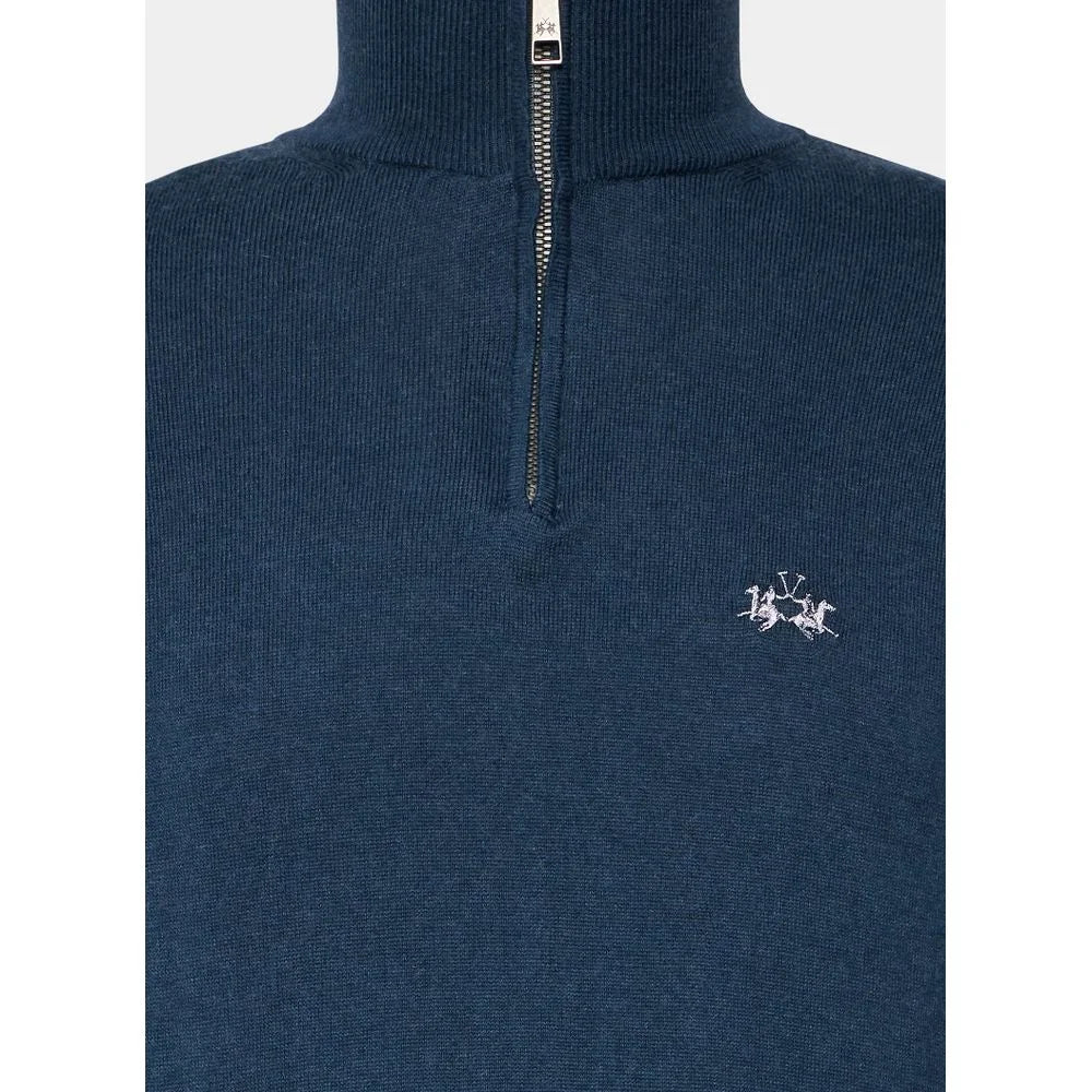 La Martina Blue Wool Men Sweater with Half Zip Closure - Sweaters