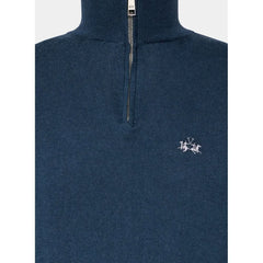 La Martina Blue Wool Men Sweater with Half Zip Closure - Sweaters