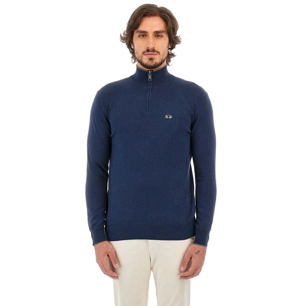 La Martina Blue Wool Men Sweater with Half Zip Closure - Sweaters