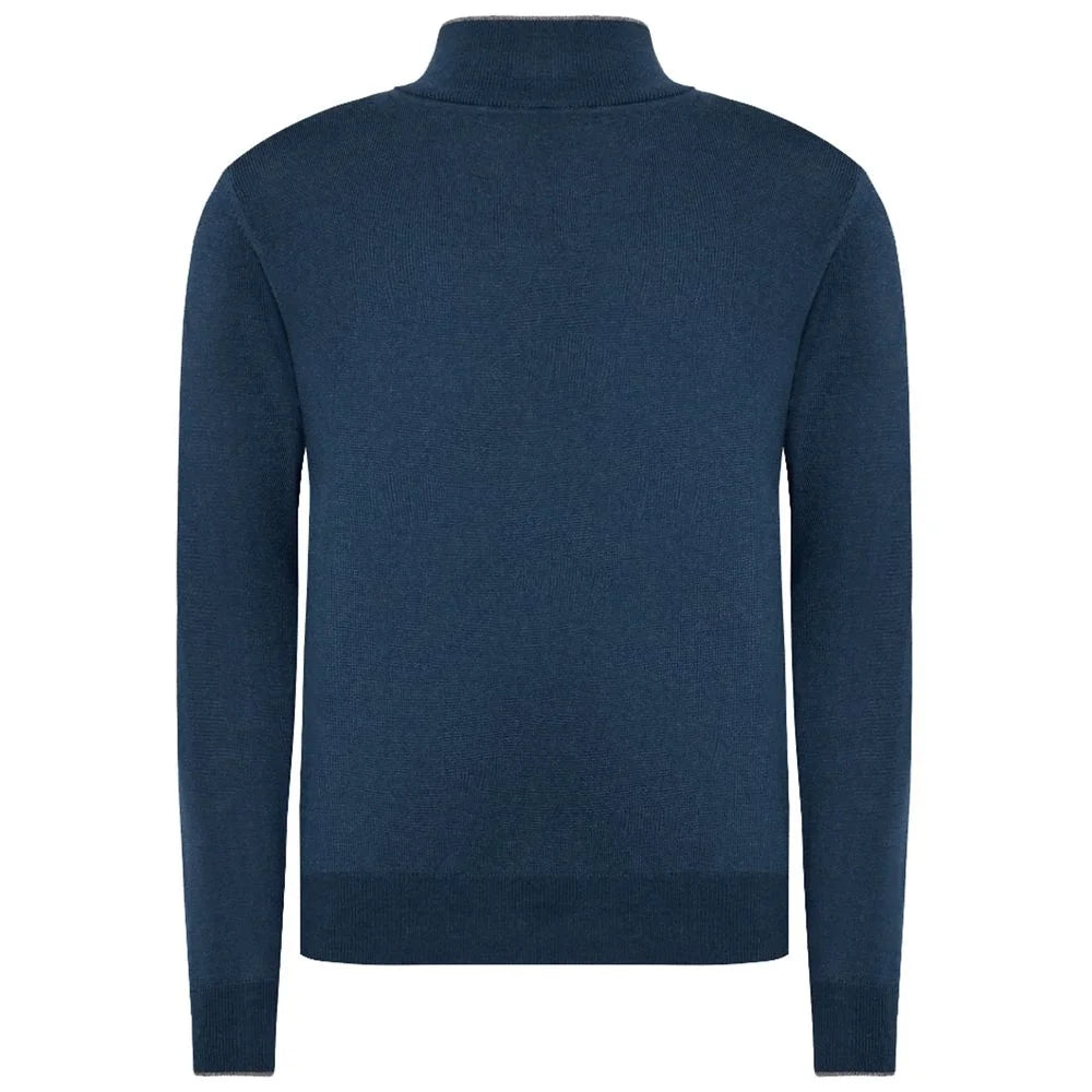 La Martina Blue Wool Men Sweater with Half Zip Closure - Sweaters