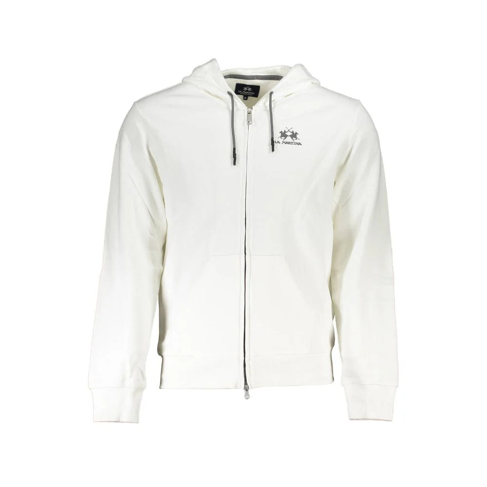 La Martina White Cotton Men Sweater with Hood and Zip Pockets - Hoodies