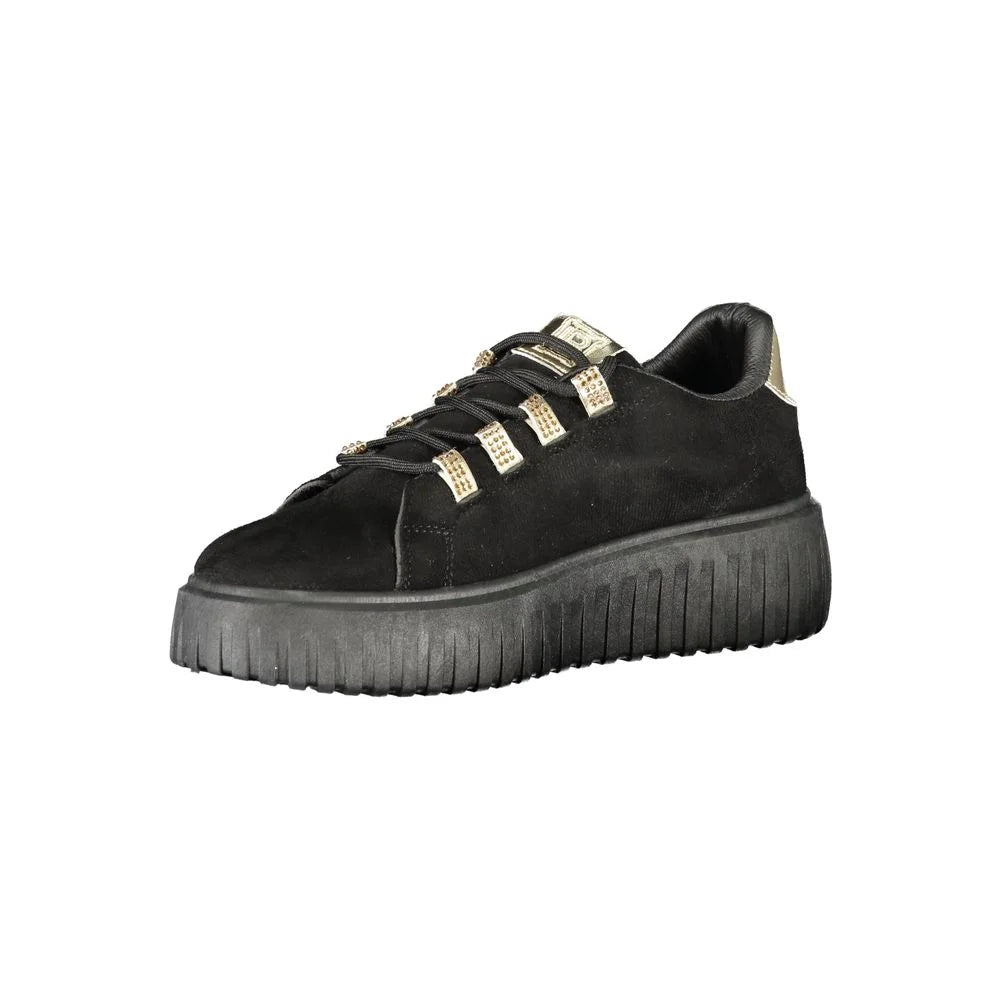 Laura Biagiotti Black Polyester Women Sneaker with Gold Detail and Rhinestone Accents - Sneakers