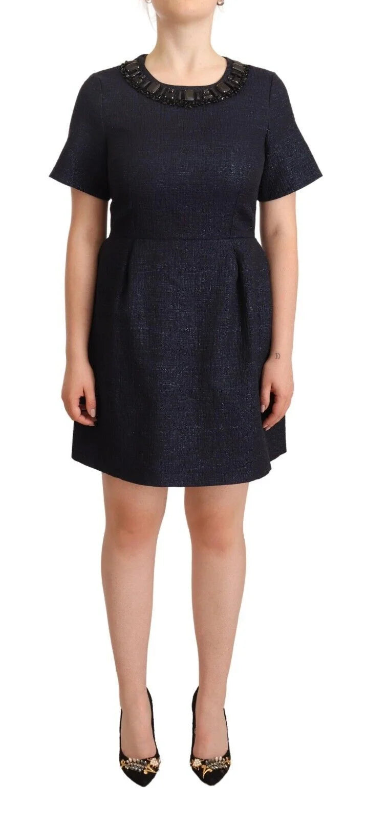 L’Autre Chose Black Embellished Short Sleeves Mini A-line Dress - IT44|L - Dresses