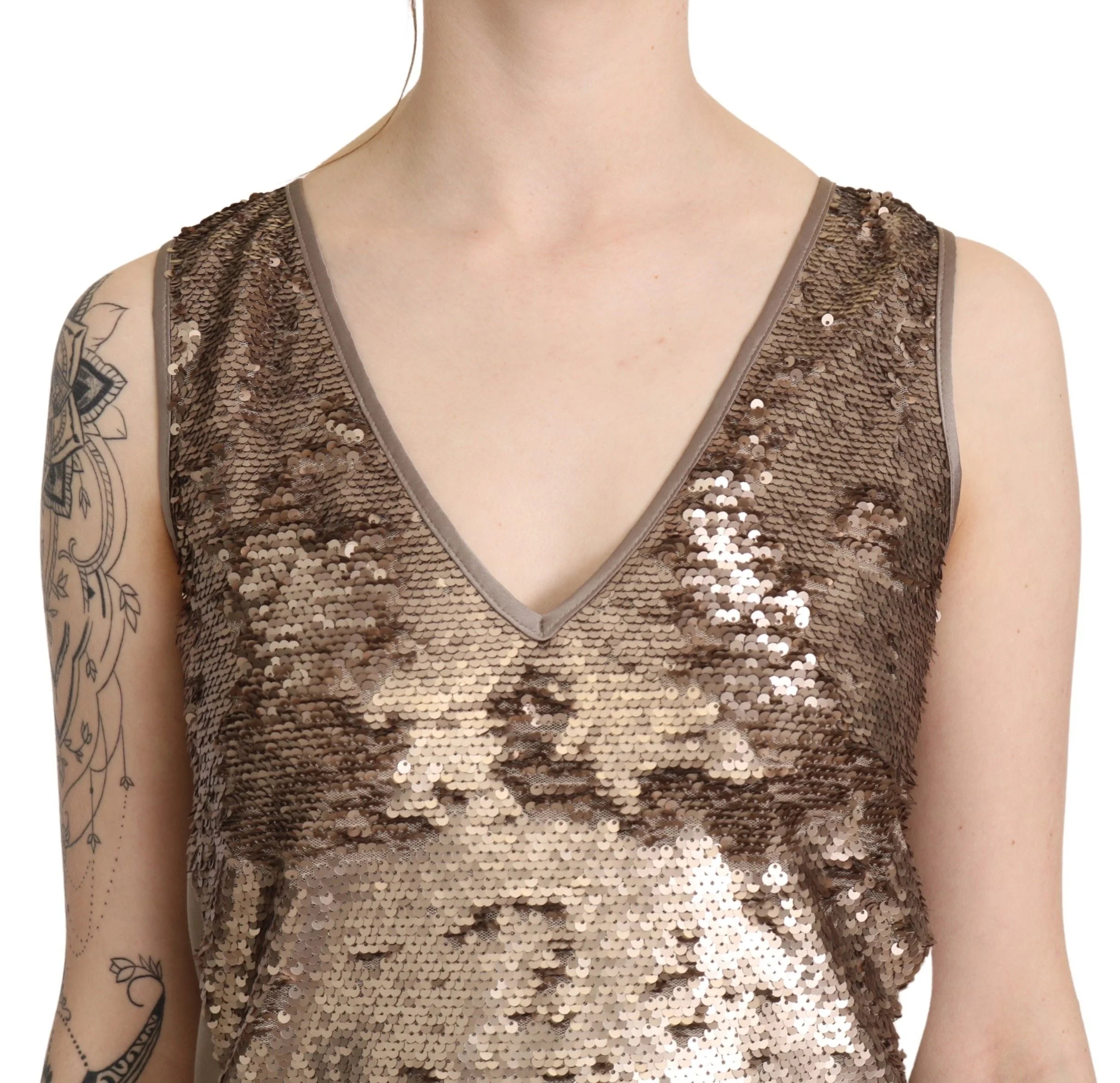 Liu Jo Brown Sequined V-neck Sleeveless Sheath Mini Dress - IT42|M - Dresses