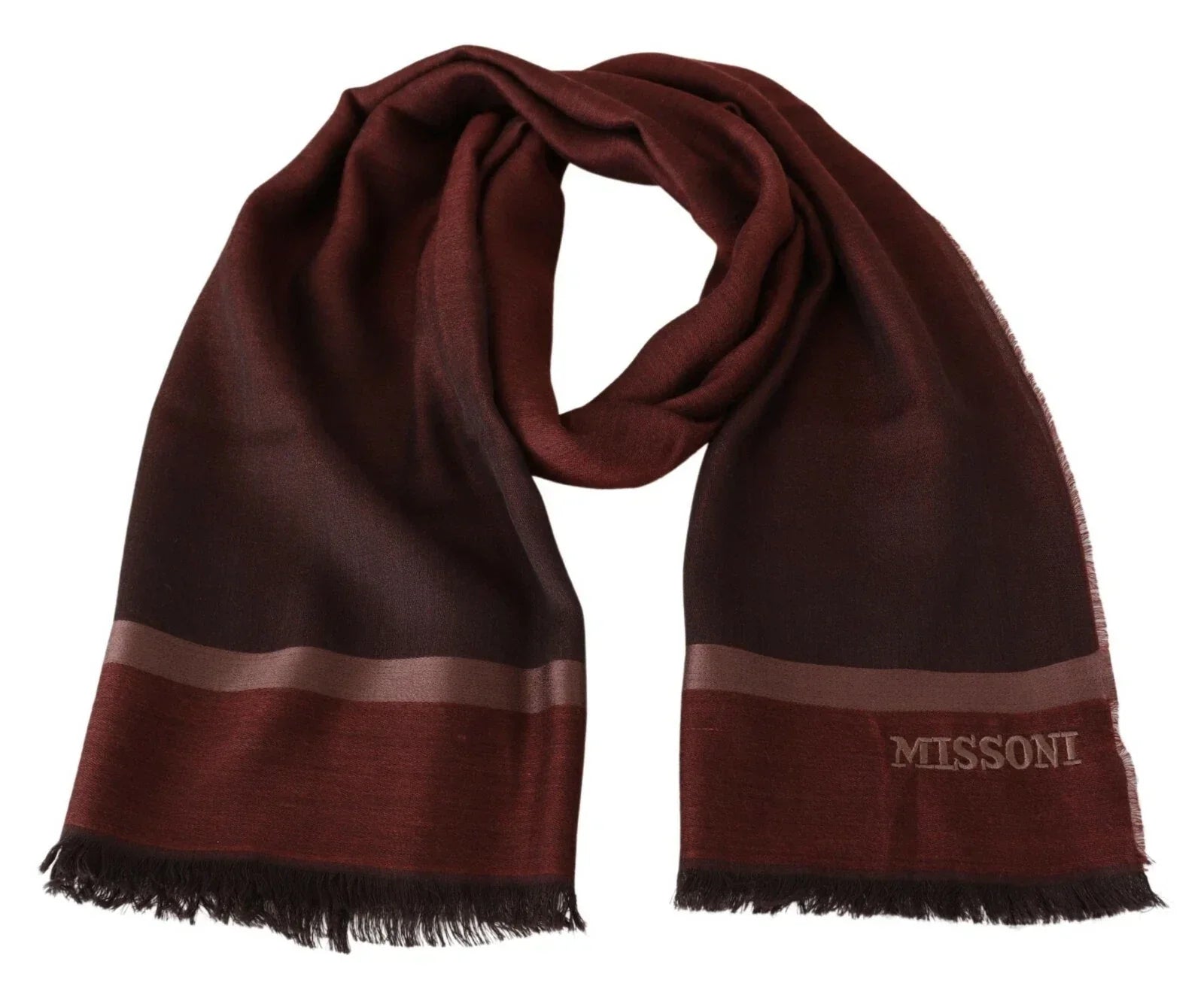 M Missoni Maroon Striped Wool Blend Unisex Wrap Fringes Scarf - Scarves & Shawls