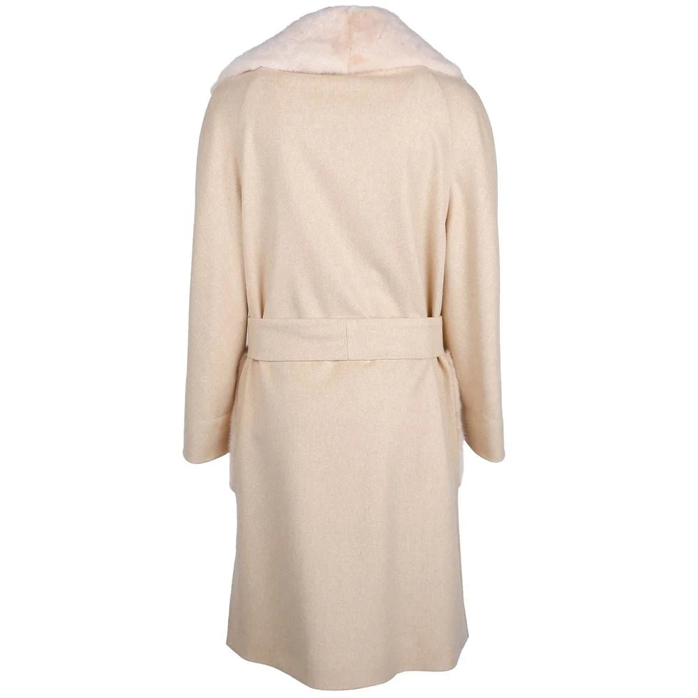 Made in Italy Beige Wool Women Coat with Rabbit Fur Collar