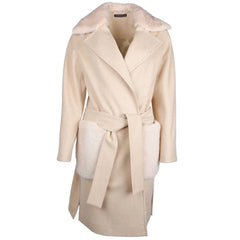 Made in Italy Beige Wool Women Coat with Rabbit Fur Collar