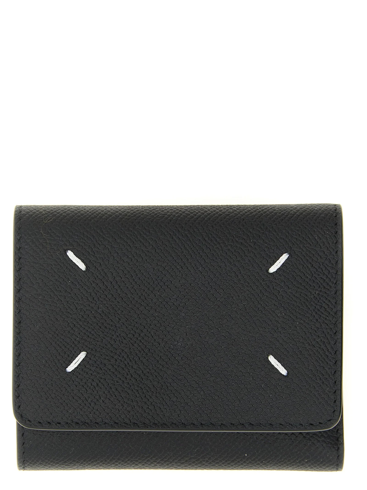 Porte-cartes en veau noir Margiela featuring les quatre coutures blanches emblématiques sur un extérieur en cuir minimaliste.