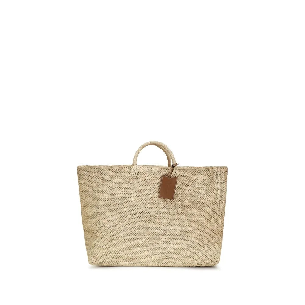 Manebi beige raffia handbag with woven texture and structured top handles, front view of this artisanal summer accessory.