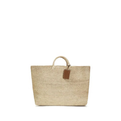 Manebi beige raffia handbag with woven texture and structured top handles, front view of this artisanal summer accessory.