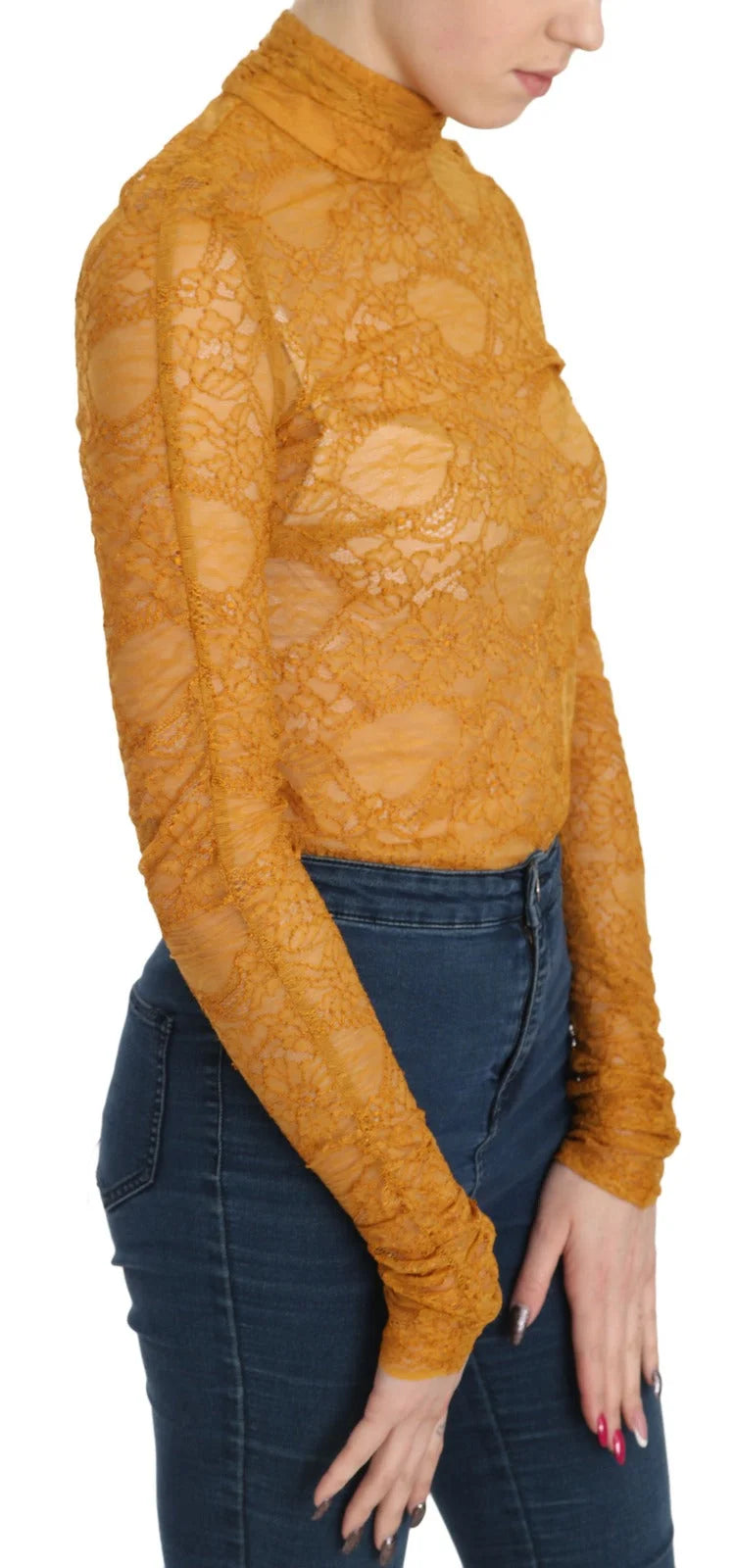 Mangano Mustard Turtle Neck Long Sleeve Lace Top Blouse - IT40|S