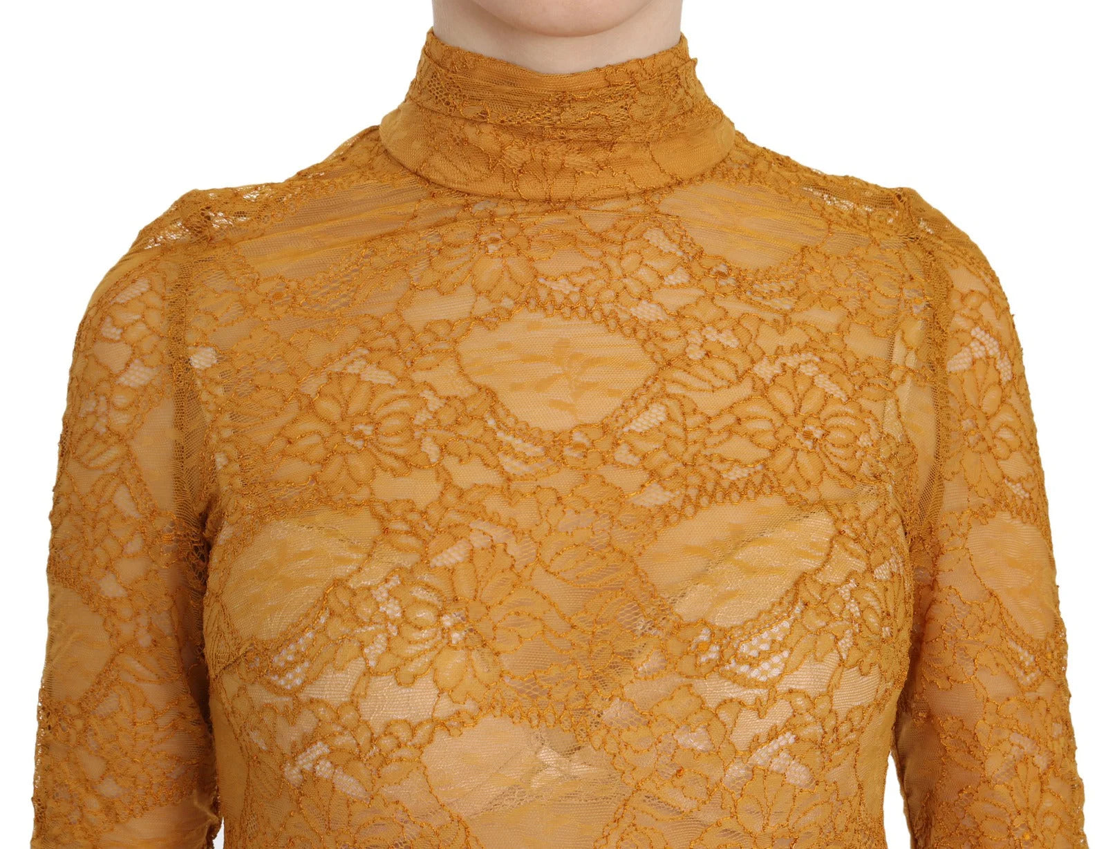 Mangano Mustard Turtle Neck Long Sleeve Lace Top Blouse - IT40|S