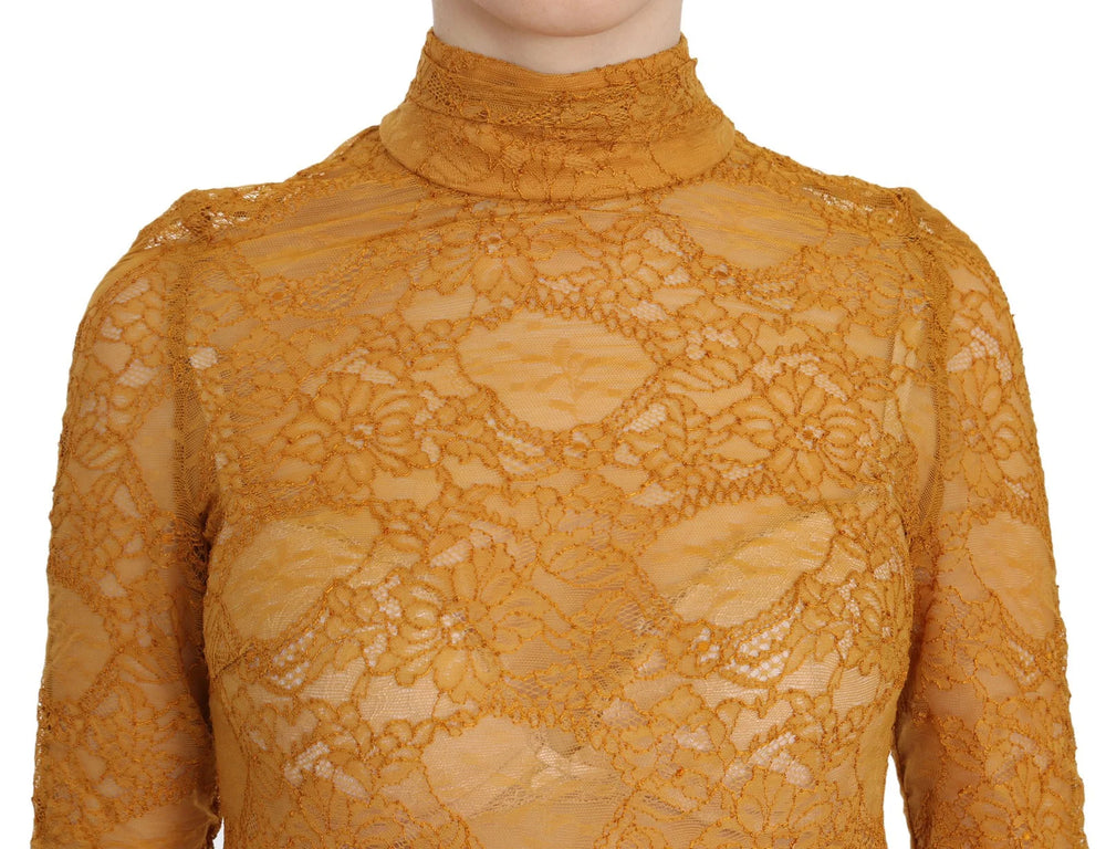 Mangano Mustard Turtle Neck Long Sleeve Lace Top Blouse - IT40|S