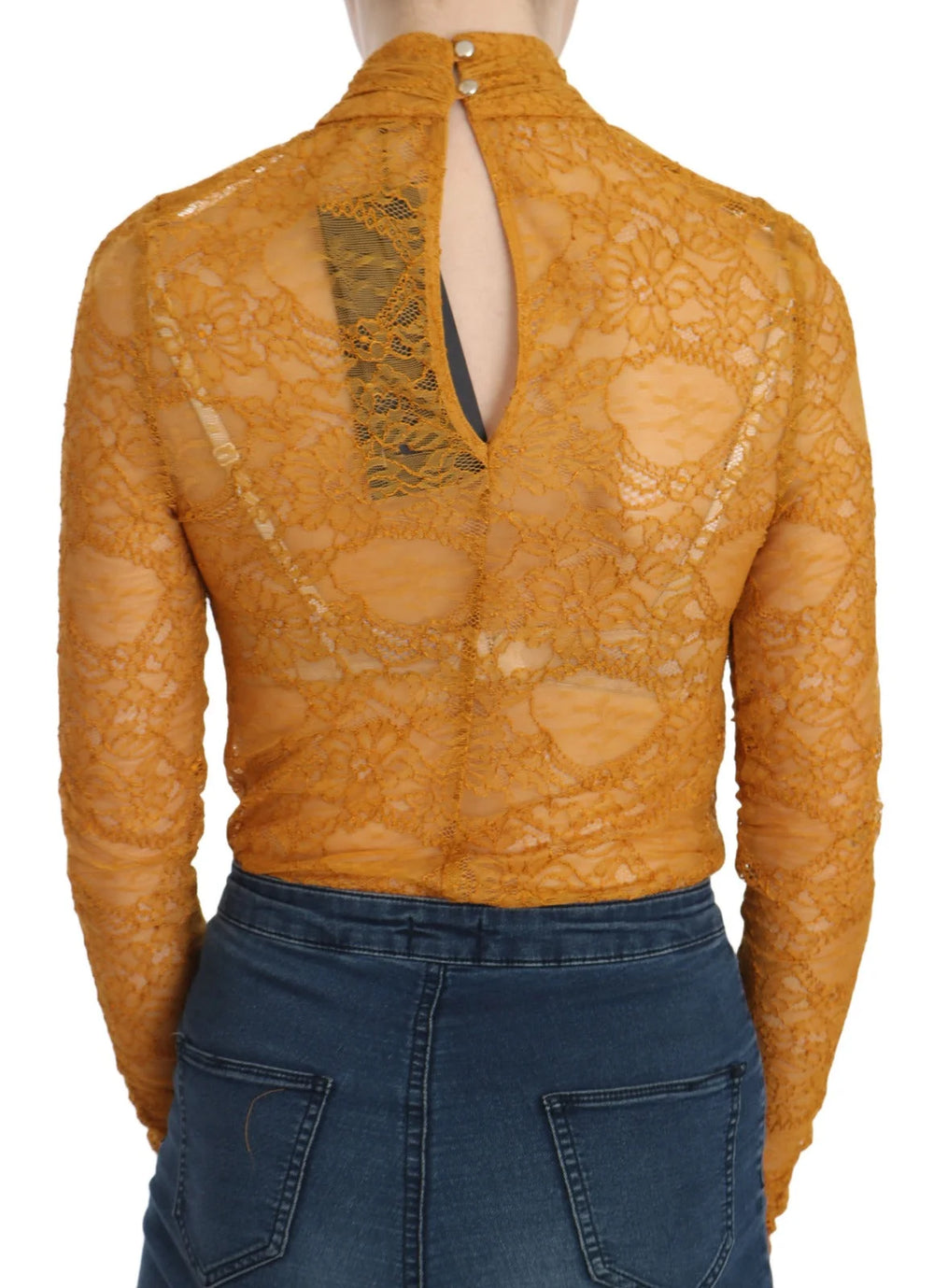 Mangano Mustard Turtle Neck Long Sleeve Lace Top Blouse - IT40|S