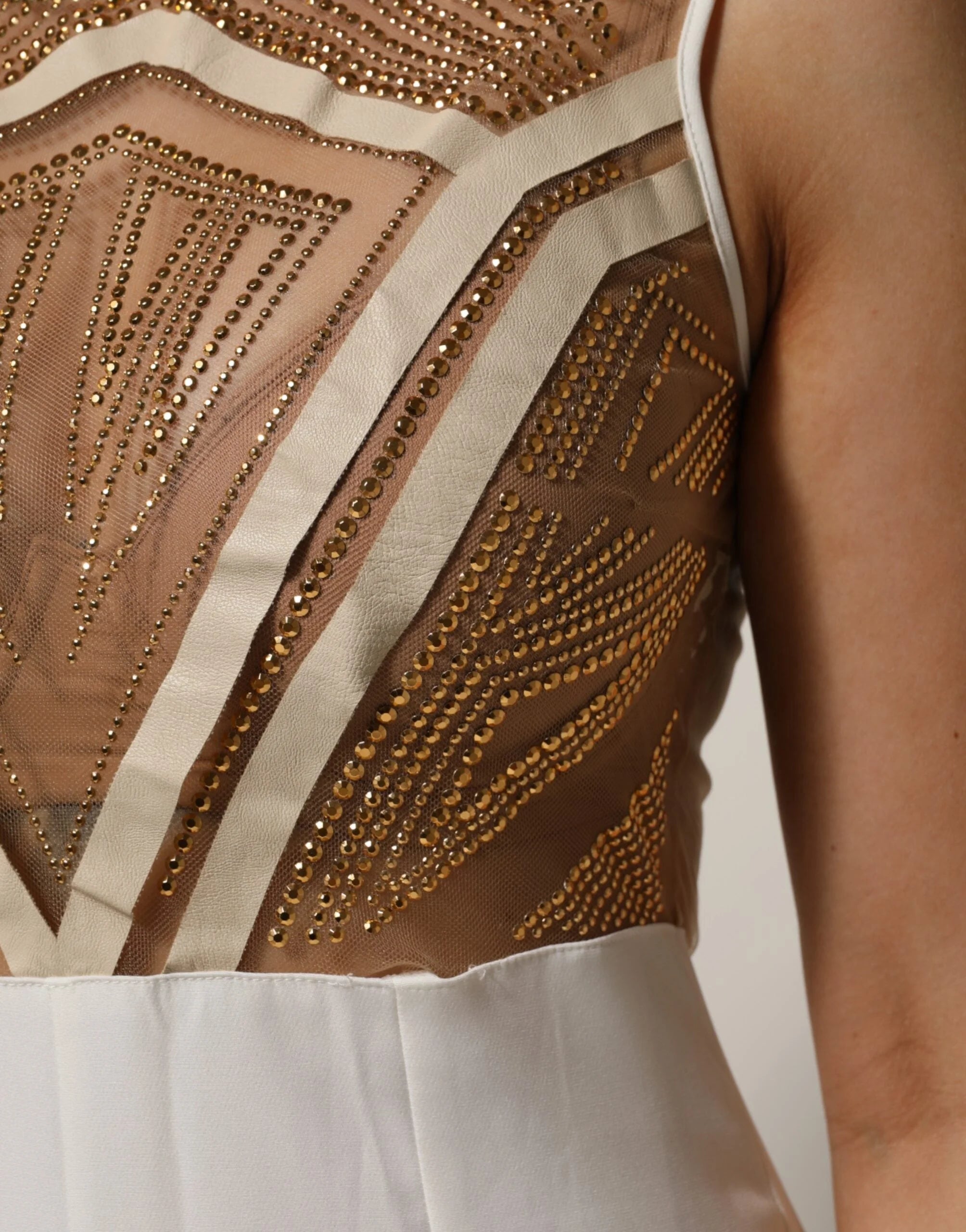 Mangano White Beige Mesh Crystal Embellished Sleeveless Jumpsuit - One-Pieces