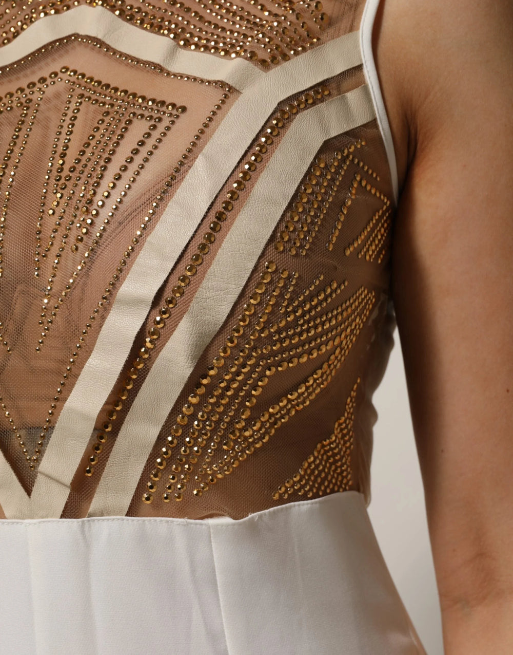 Mangano White Beige Mesh Crystal Embellished Sleeveless Jumpsuit - One-Pieces