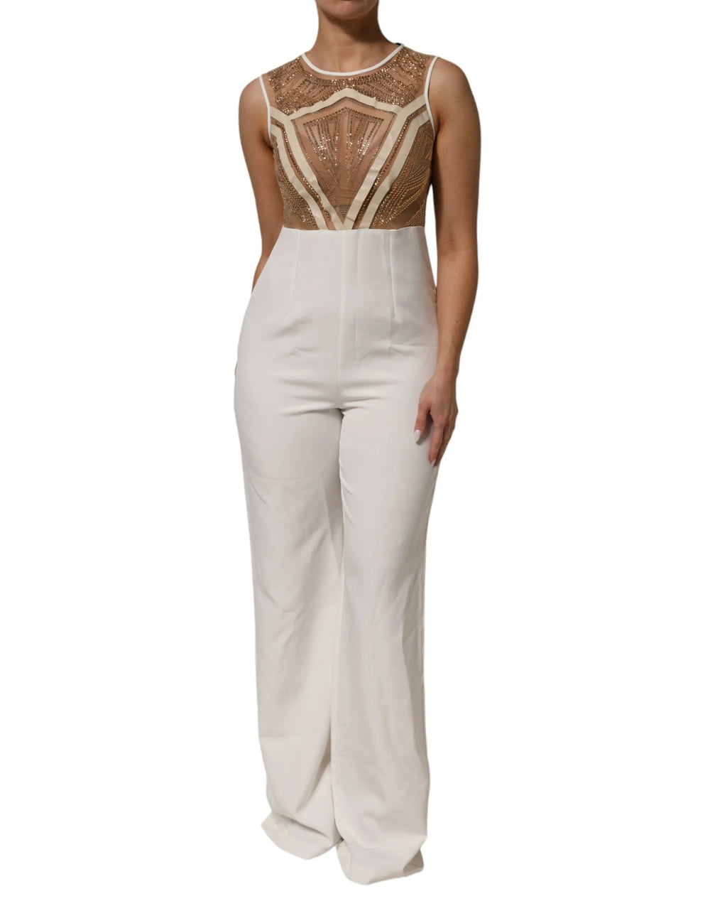 Mangano White Beige Mesh Crystal Embellished Sleeveless Jumpsuit - One-Pieces
