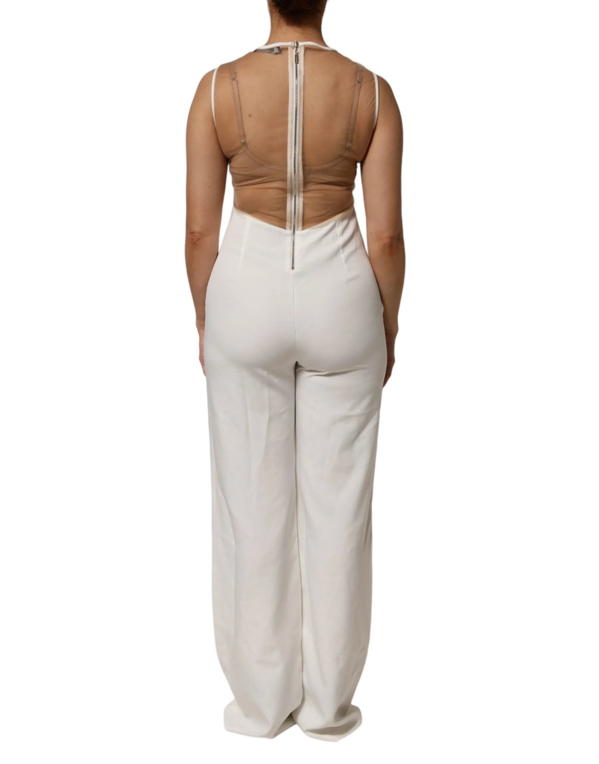Mangano White Beige Mesh Crystal Embellished Sleeveless Jumpsuit - One-Pieces