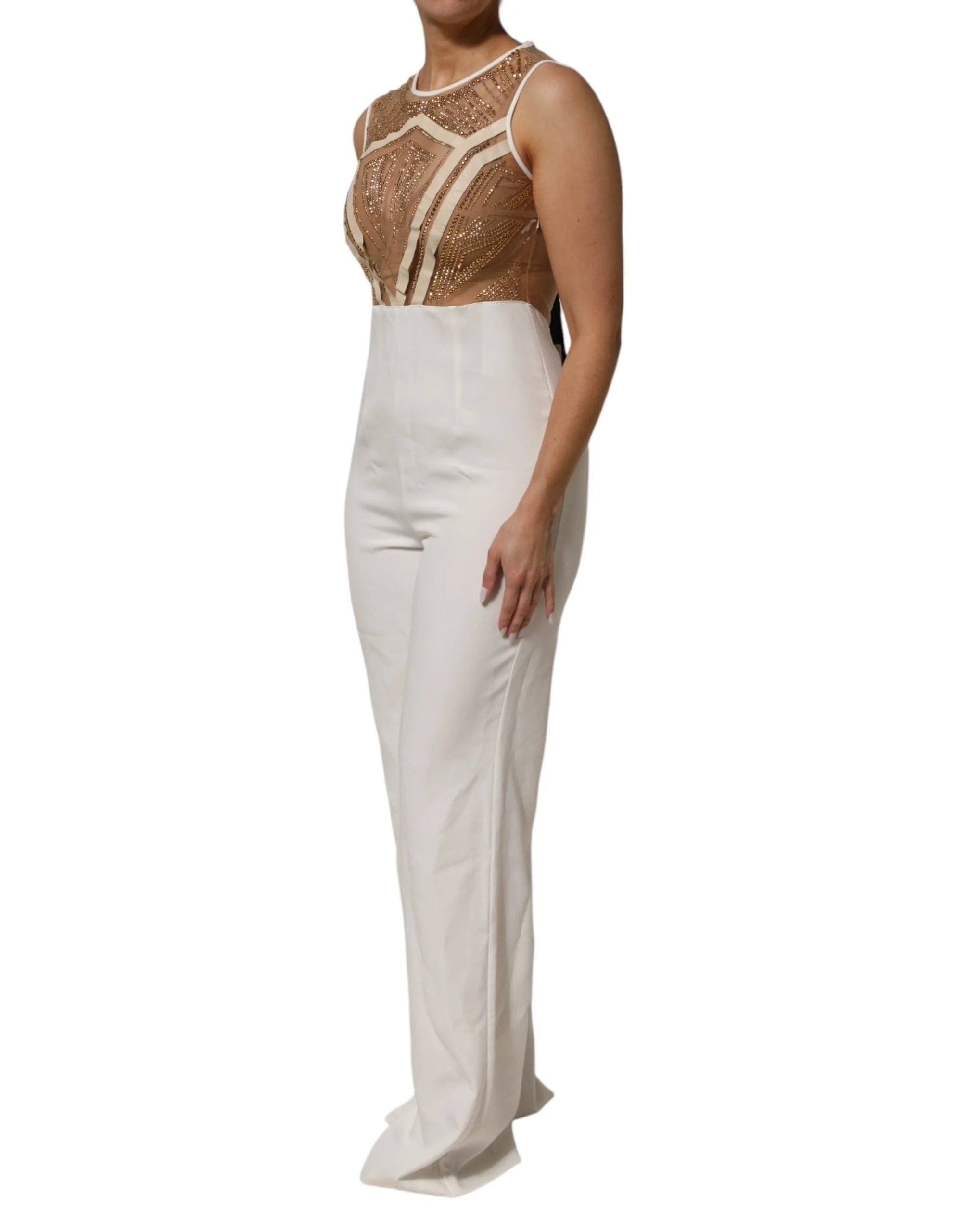 Mangano White Beige Mesh Crystal Embellished Sleeveless Jumpsuit - One-Pieces