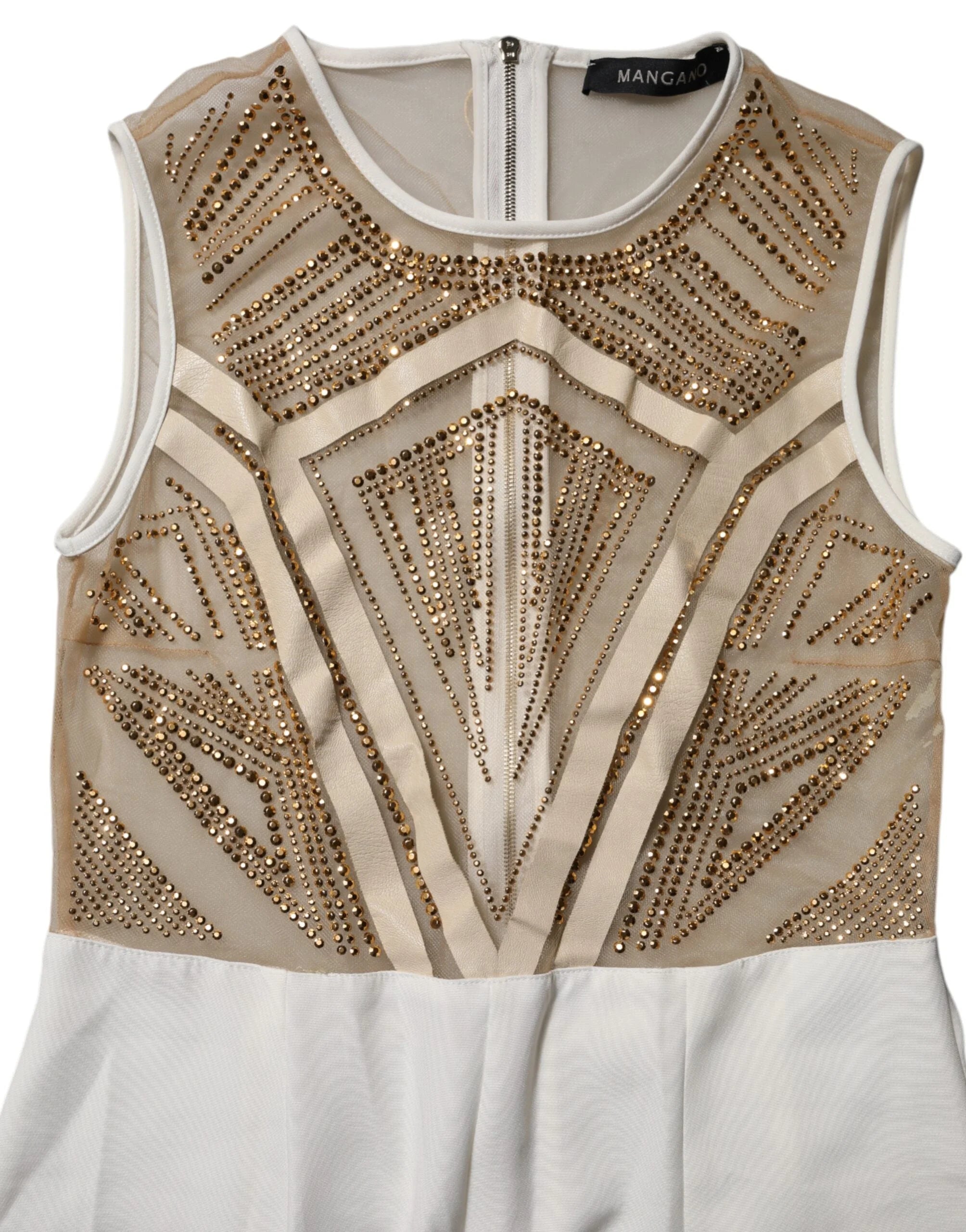 Mangano White Beige Mesh Crystal Embellished Sleeveless Jumpsuit - One-Pieces
