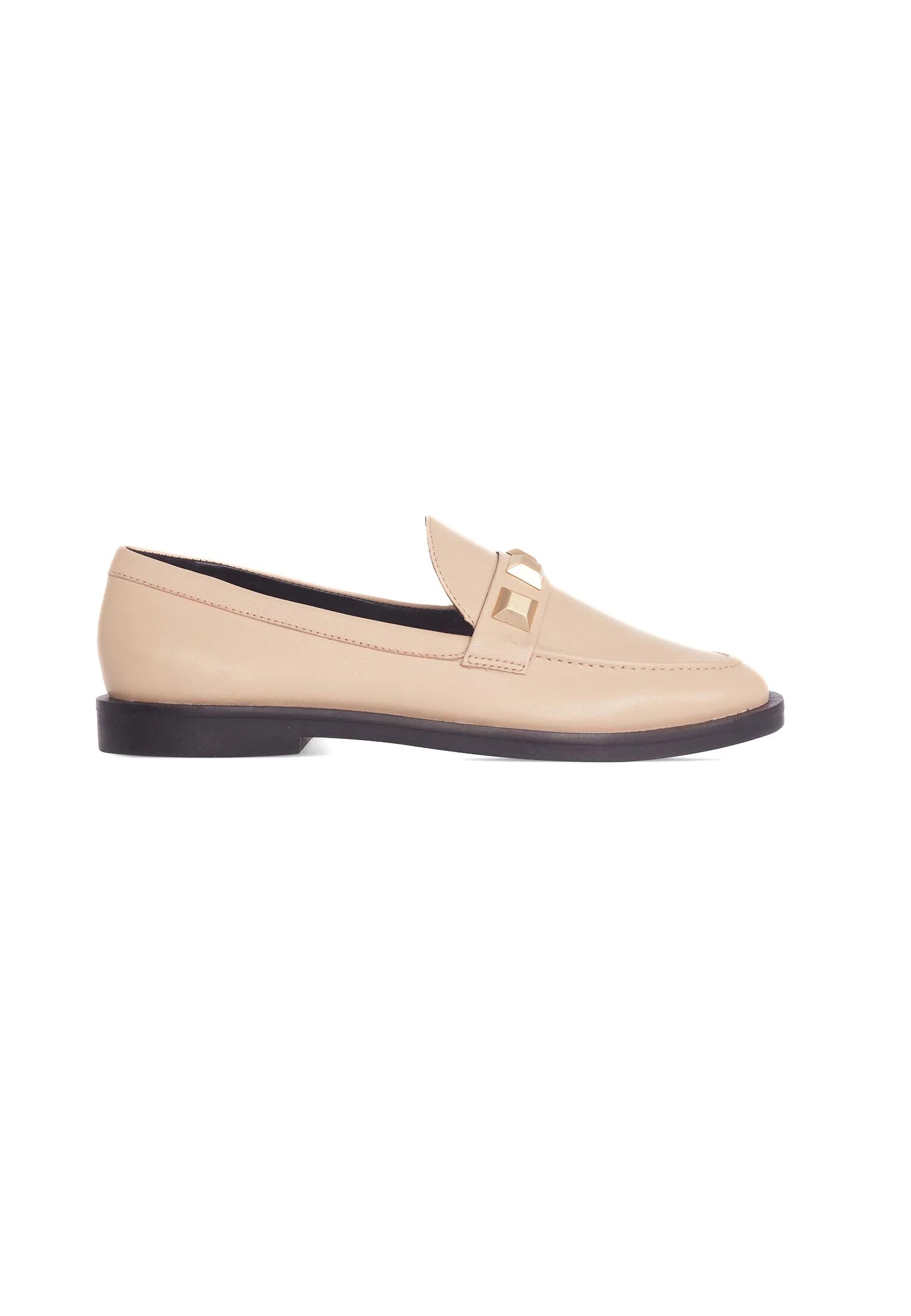 Mangará Atelier Beige Calf Leather Loafers – Elegant Women’S Flat Shoes With Metal Stud Detail