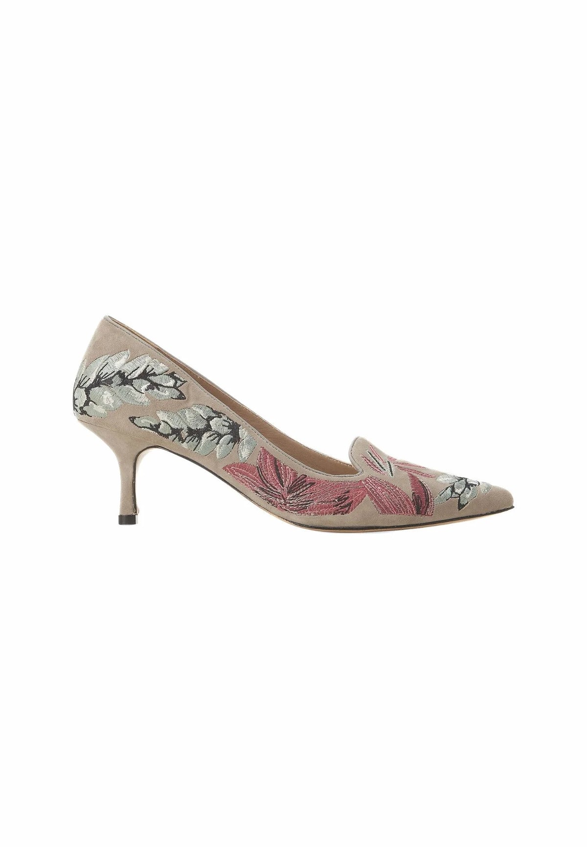 Mangará Atelier Gray Suede Embroidered Pumps – Kitten Heel Style
