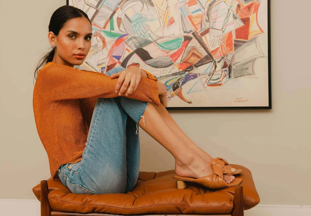 Mangará Atelier Tan Leather Mules Caroba – Women’S 4 Cm Cylindrical Block Heel Slip-On Sandals