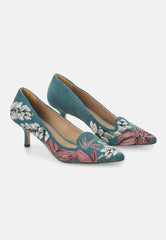 Mangará Atelier Turquoise Suede Embroidered Pumps – Kitten Heel Style - Heels