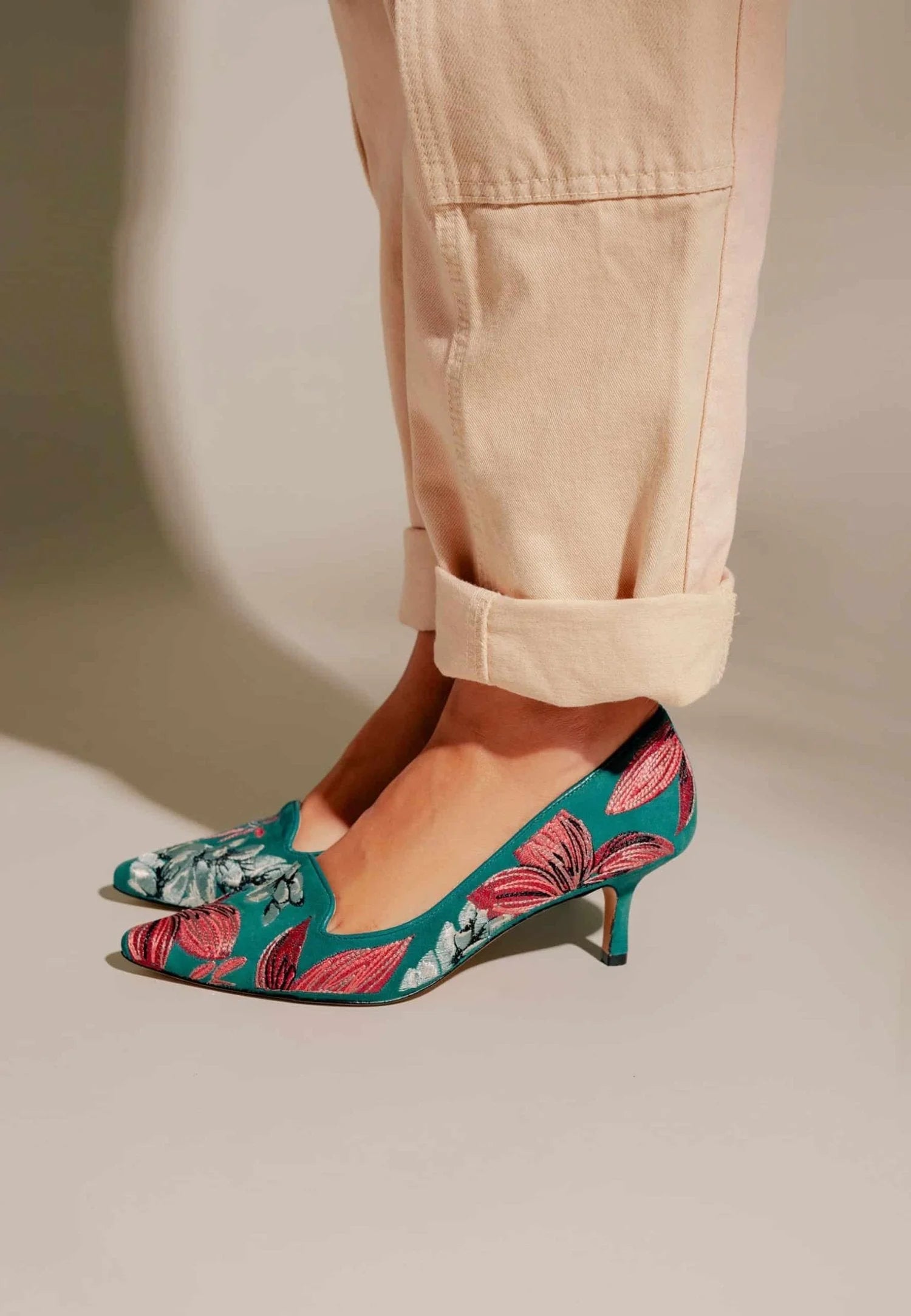 Mangará Atelier Turquoise Suede Embroidered Pumps – Kitten Heel Style - Heels