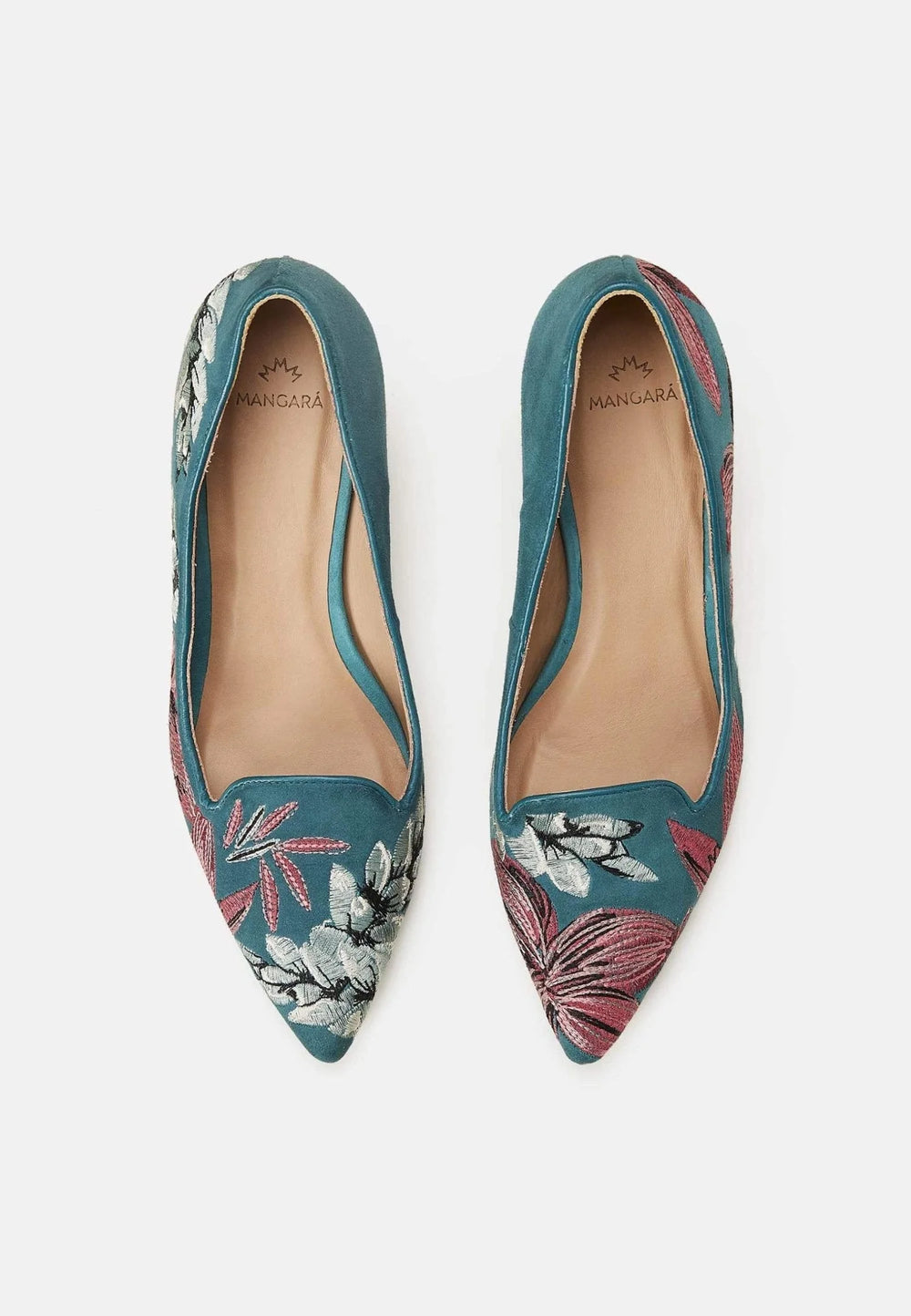 Mangará Atelier Turquoise Suede Embroidered Pumps – Kitten Heel Style