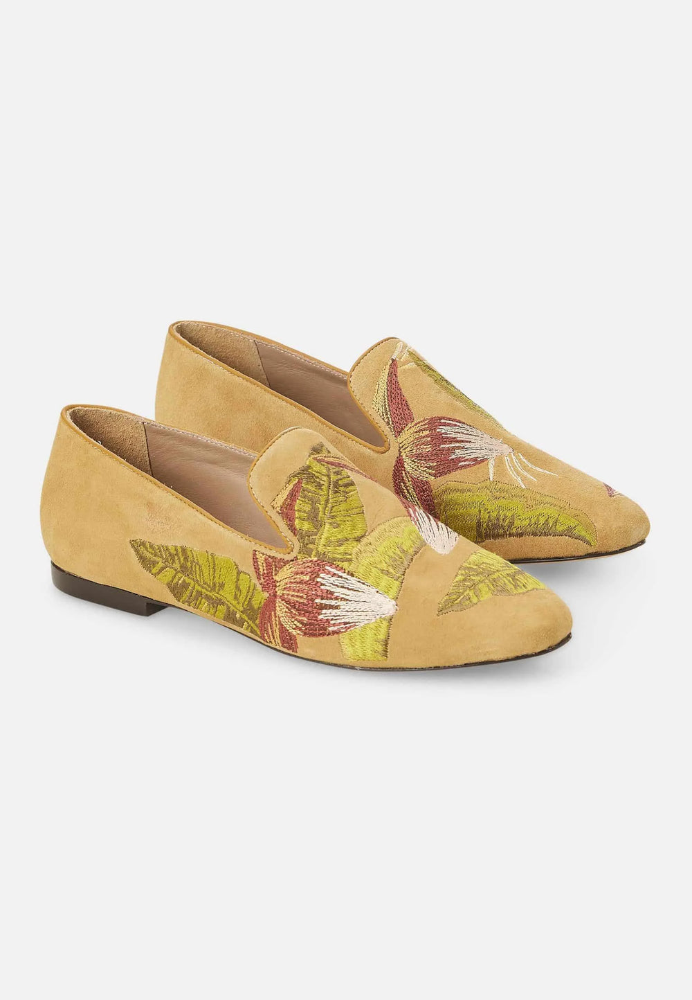 Mangará Atelier Yellow Suede Embroidered Loafers – Elegant Women’S Flat Shoes