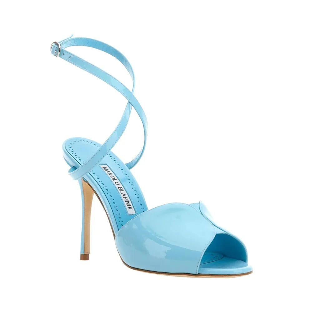 Manolo Blahnik Blue Calfskin Stiletto Heel Sandals - EU37.5/US7.5