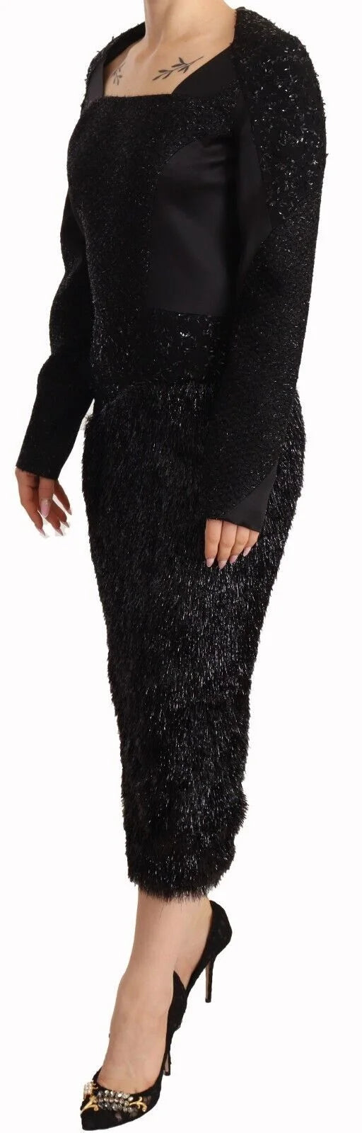 Masha Ma Black Studs Embellished Long Sleeves Sheath Midi Dress - IT44|L - Dresses