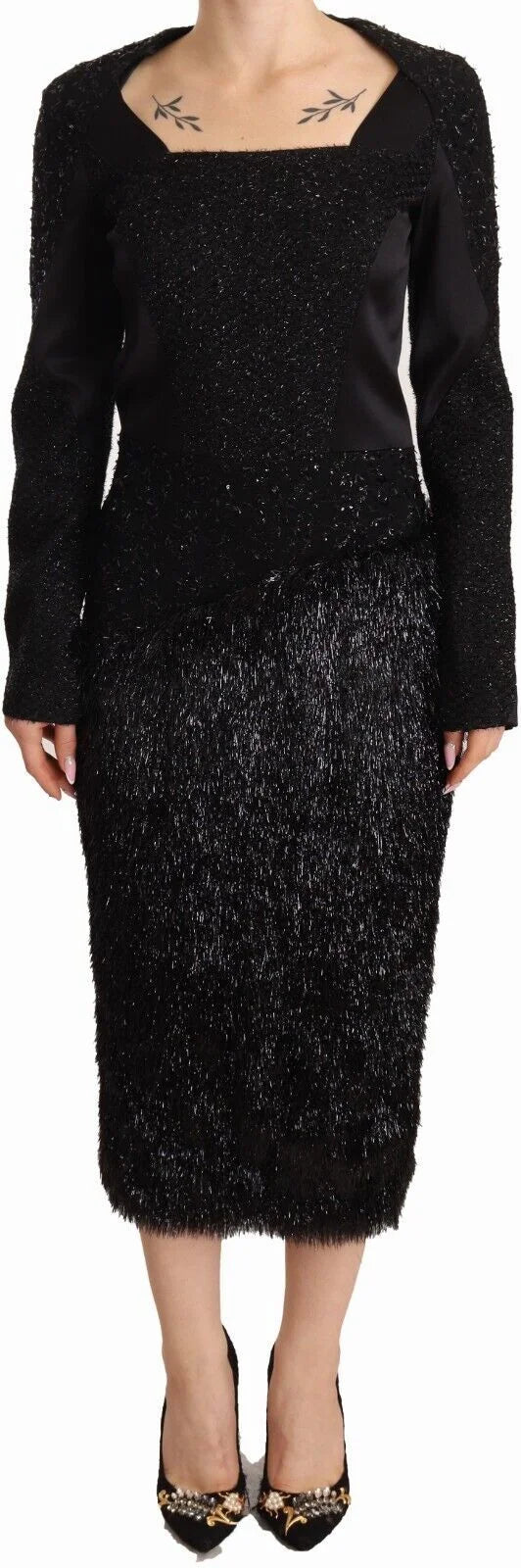 Masha Ma Black Studs Embellished Long Sleeves Sheath Midi Dress - IT44|L - Dresses