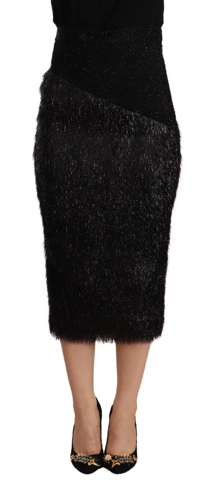 Masha Ma Black Tinsel High Waist Pencil Midi Viscose Skirt - IT38|XS